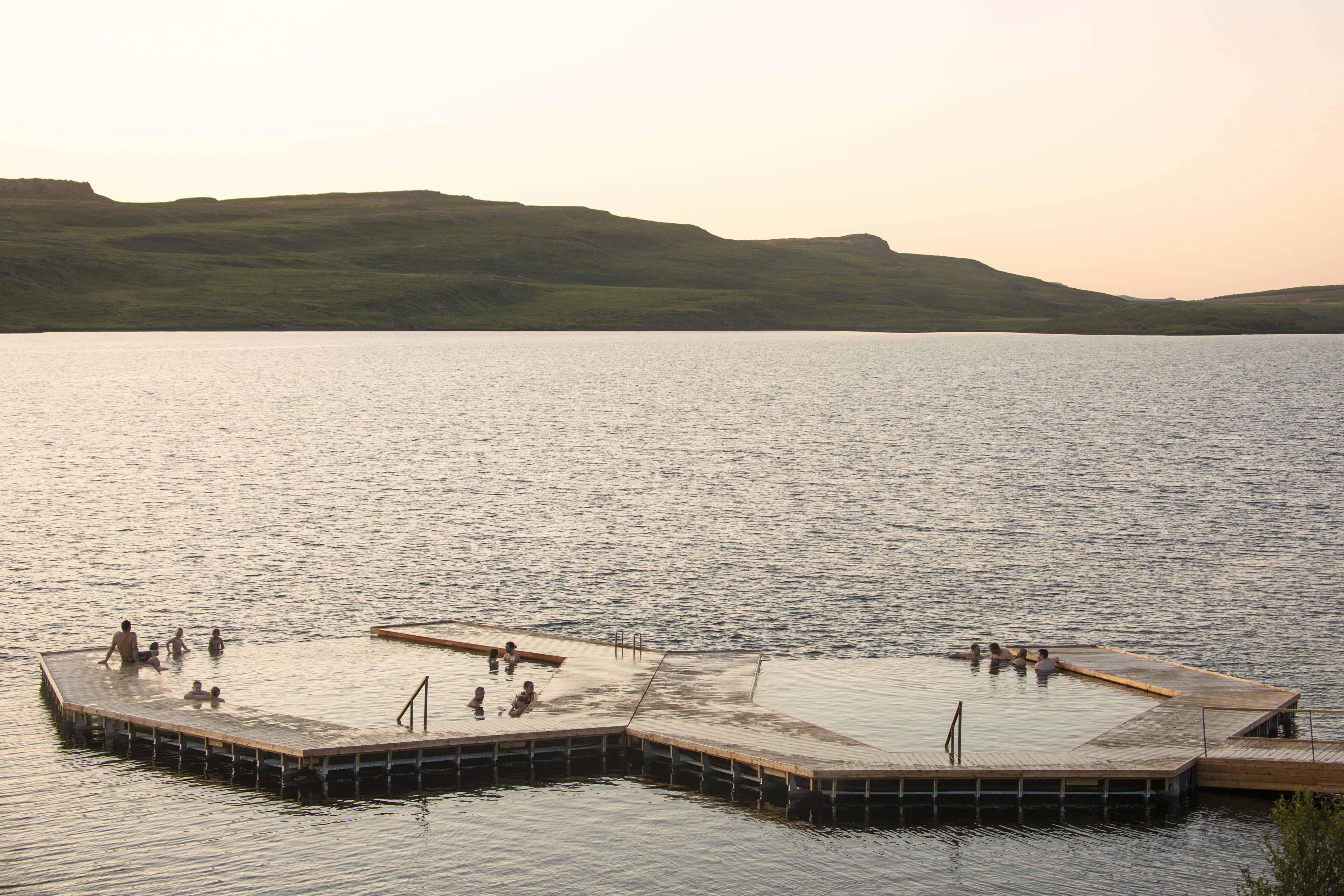 People Bathing in Vok Baths' Floating Pools in East Iceland