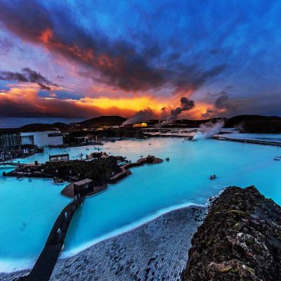 Sunset Over the Beautiful Blue Lagoon Geothermal Spa in South West Iceland