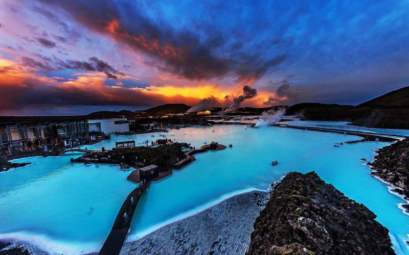 Sunset Over the Beautiful Blue Lagoon Geothermal Spa in South West Iceland