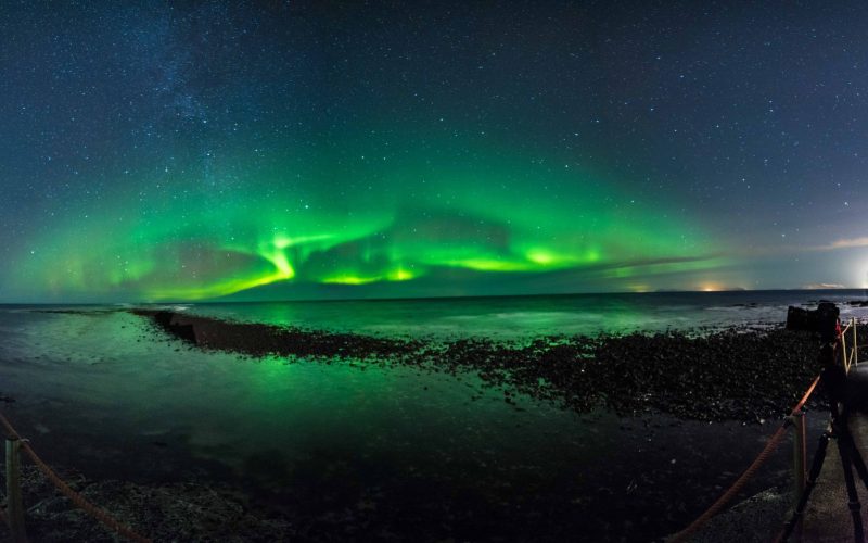 Northern Lights Show Over the Atlantic Ocean in Iceland