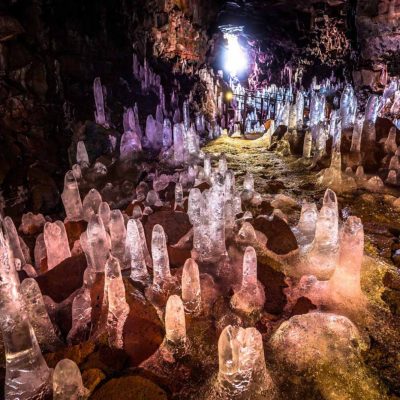 Beautiful Ice Formations Inside Raufarhollshellir Lava Tunnel Iceland During Winter