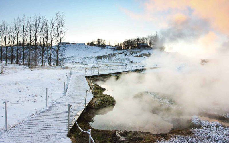 Hot Springs Beside the Secret Lagoon During Winter Fludir Iceland